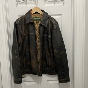Man's Eddie Bauer brown leather jacket. Fully lined. Size Medium.